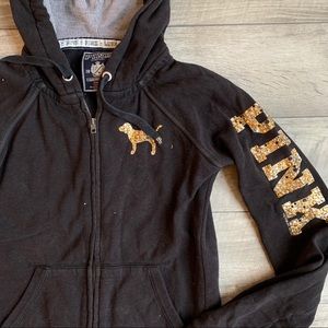 Ladies VS Pink bling peace sign zipper up hoodie